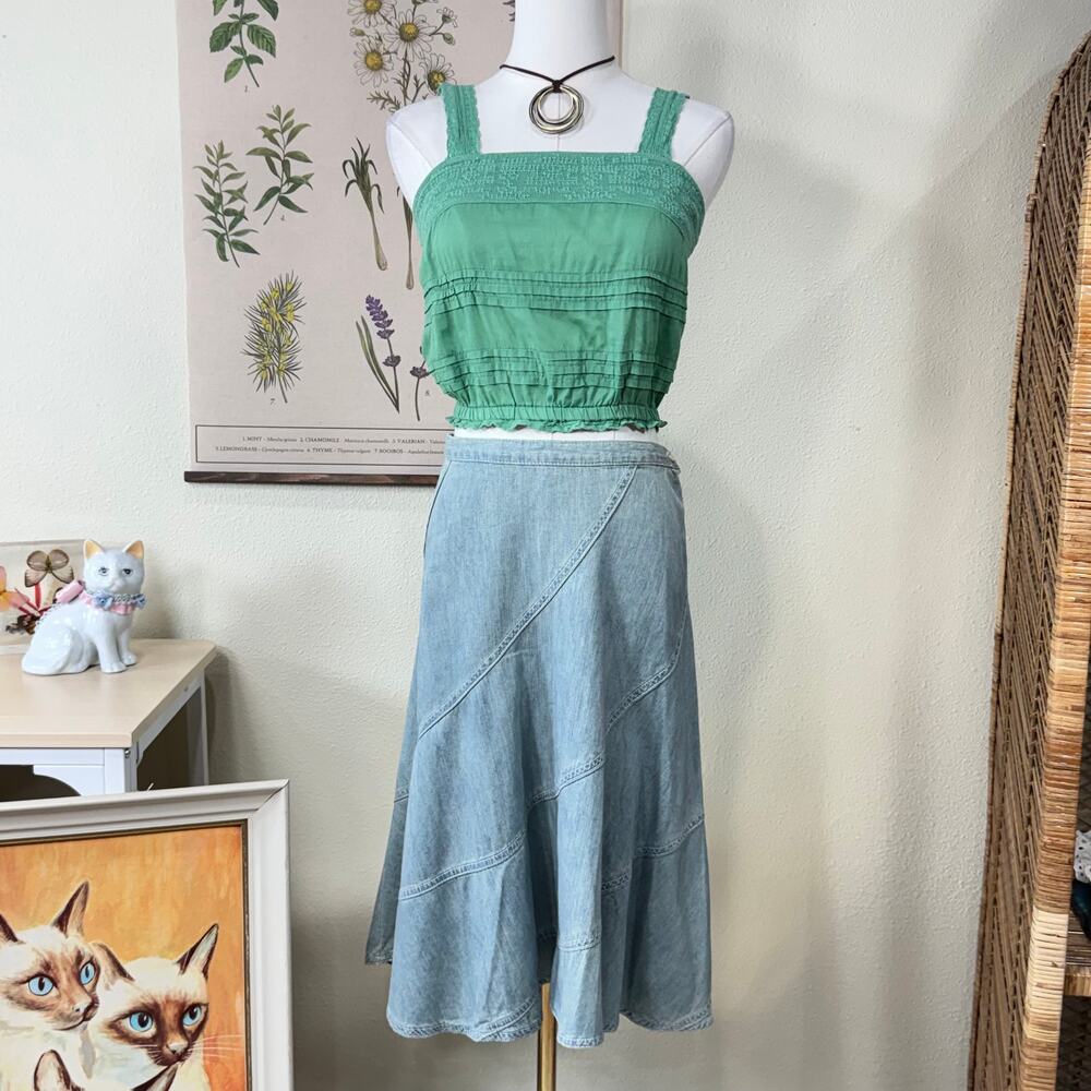 Green Crochet Lace Crop Peasant Top Boho Hippie Forest Fairy Grunge Coastal XS